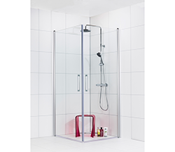 preview image for Elegant och funktionellt duschhörn med silvermatt profil.