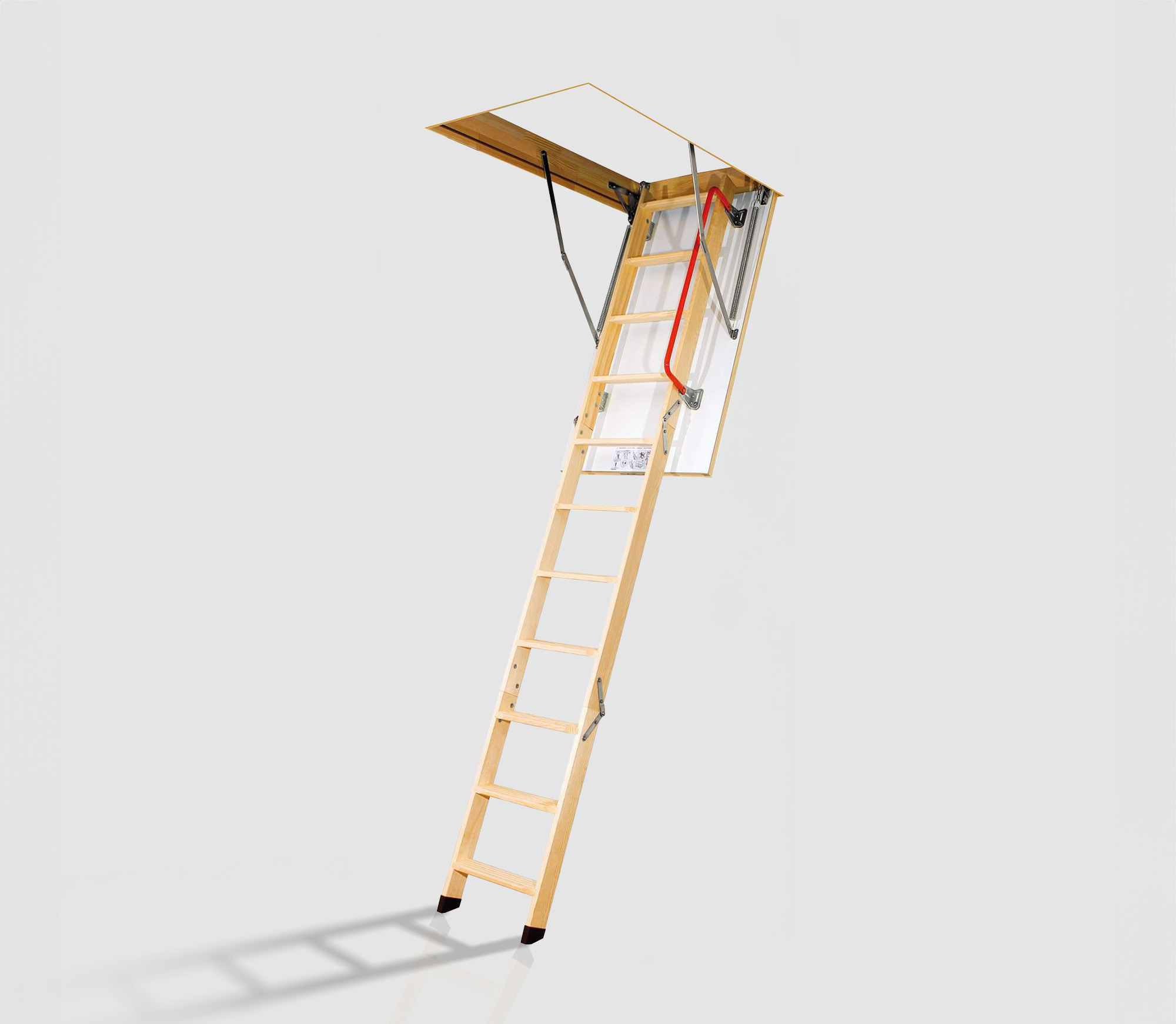 preview image for Vindstrappa LWK 305 från Fakro. 305 cm lång med vitmålad lucka och 3 sektioner. U-värde 1,1. Rödmålad ledstång och skyddshättor på stegens fötter.