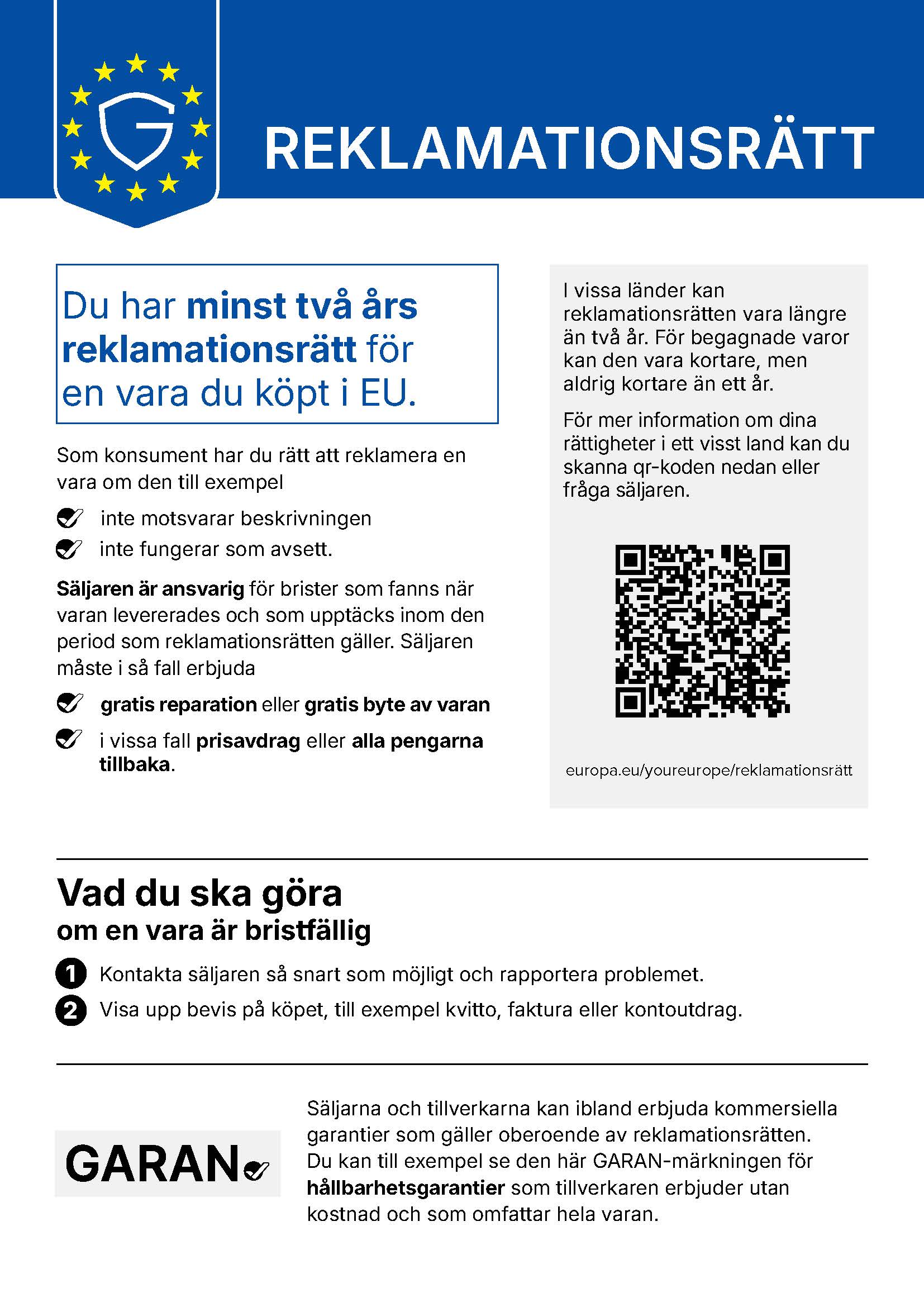 Information om din reklamationsrätt enligt EU-regel.